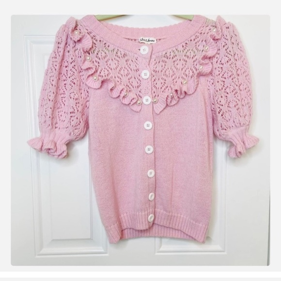 FOR LOVE & LEMONS π Pink Puff Sleeve Pearl Button-Up Cardigan Sweater Top - Picture 5 of 6